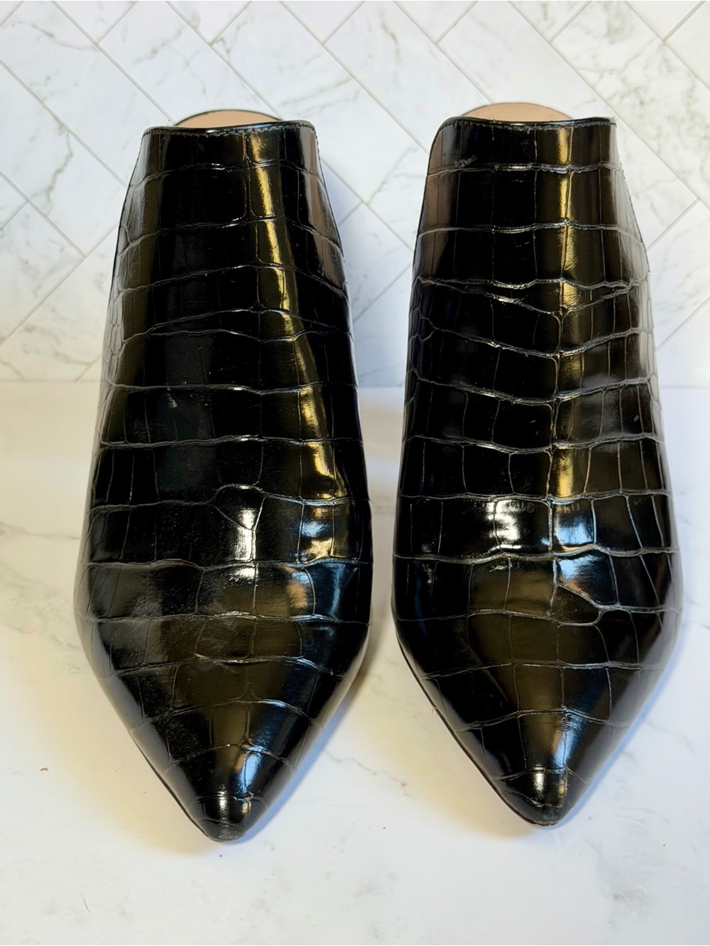 ALDO Black Croc Embossed Pointed Toe High Heel Mules Size 8